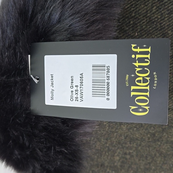 Collectif Molly Vintage Jacket W/ Fur Collar, In Olive Green, NWT - Picture 12 of 15